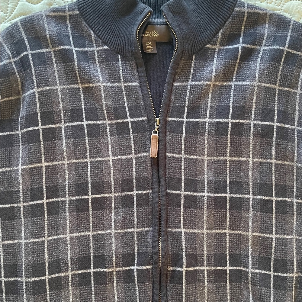 Tasso Elba Black and Gray Cotton Zip-Up Knit Plaid Sweater Size XXL